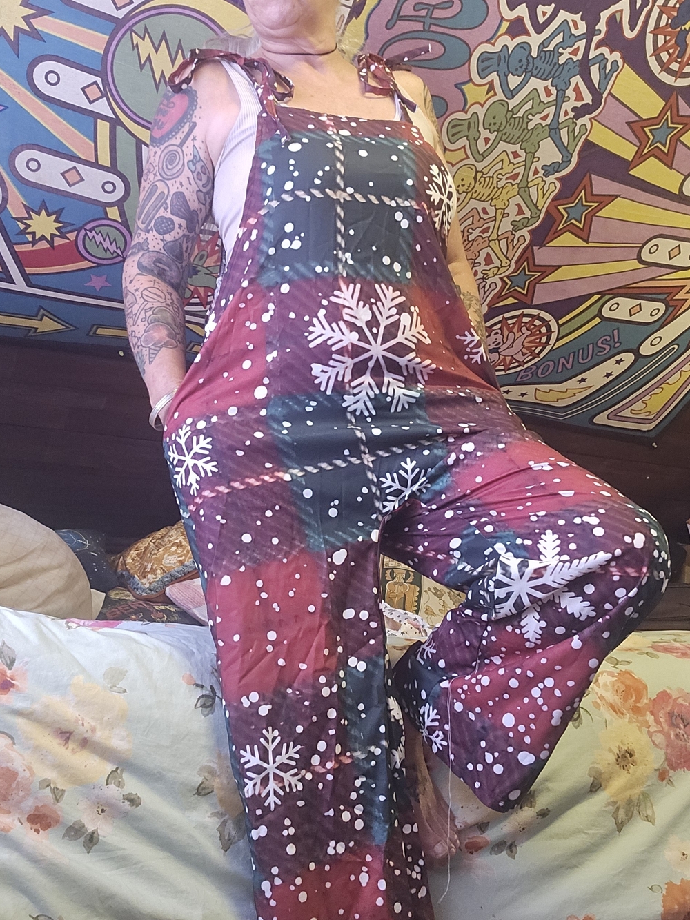Plaid Snowflake Print Red & Green Jumpsuit Romper